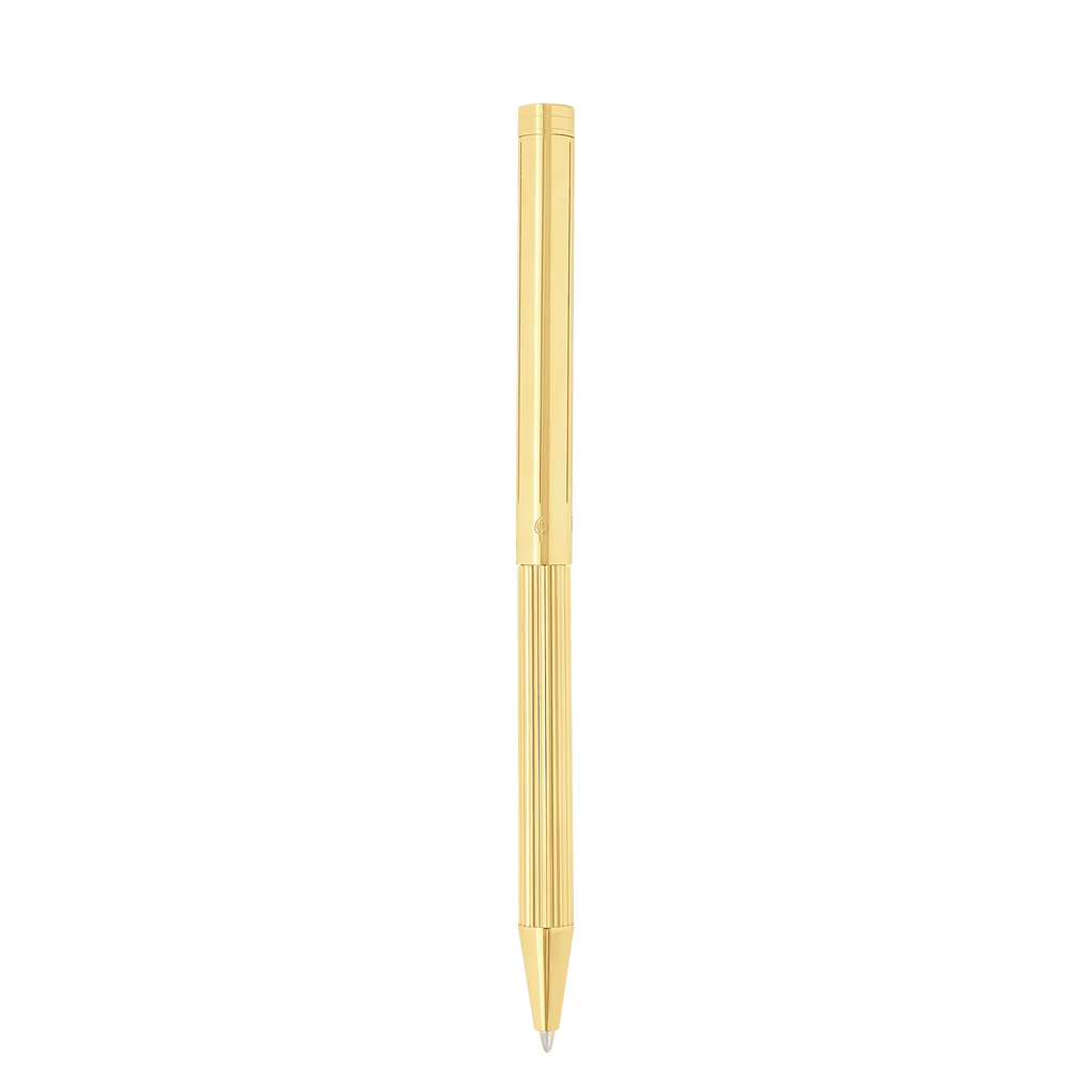 Golden S.T. Dupont STYLO BILLE CLASSIQUE DORÉ pen with vertical grooves and logo, shown upright against white background.