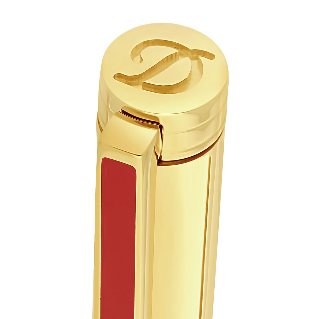 Golden S.T. Dupont STYLO BILLE CLASSIQUE DORÉ with red stripe and logo on cap.